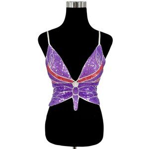 Butterfly Crop Top Sequin Embellished Rave Festival Fairycore Backless EDM Club